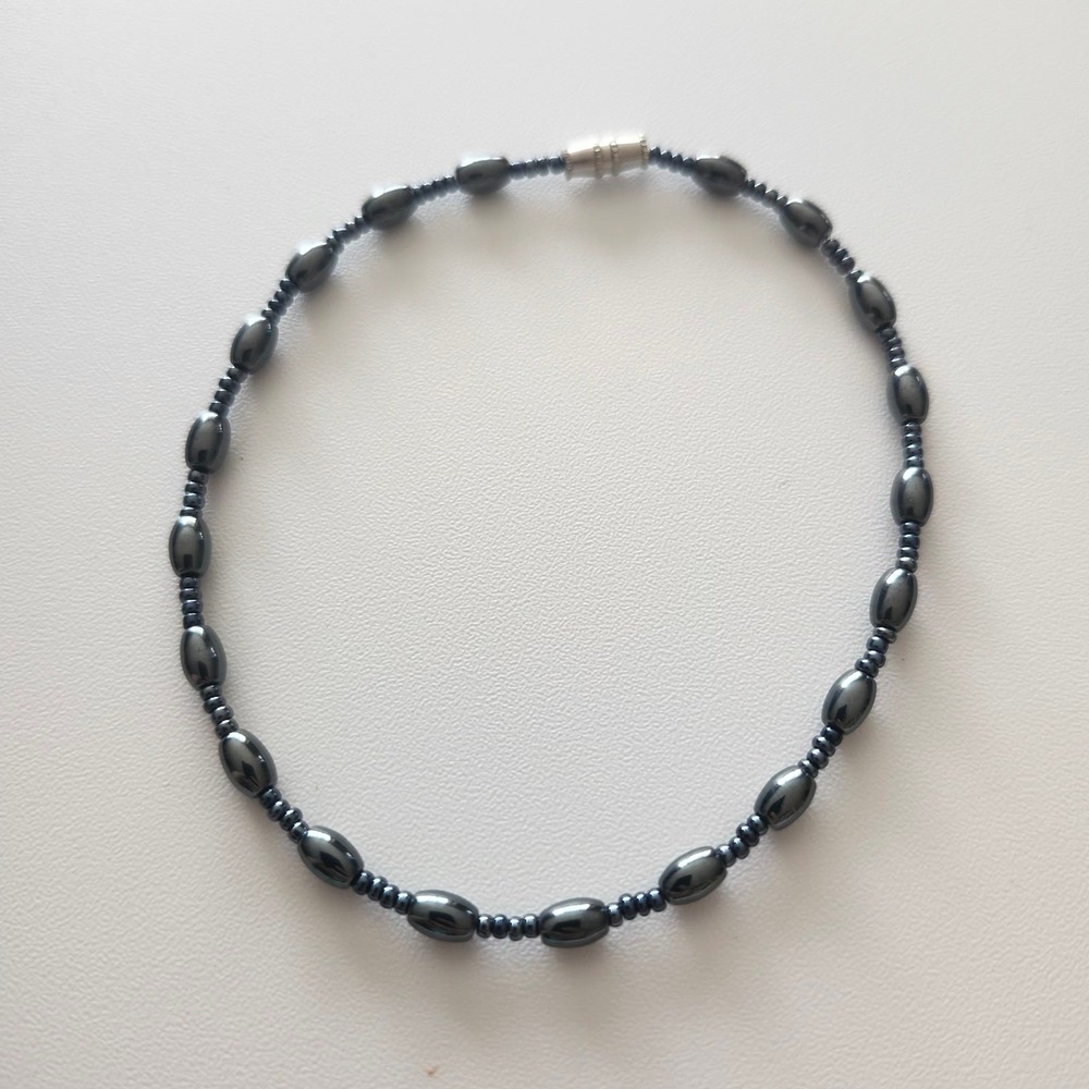 Hematite Style Beaded Bracelet 8.5 Inch Oval Rice Barrel Screw Clasp Anklet Gray
